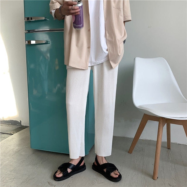 Pleated Straight Pants Men's Fashion Solid Color Elastic Waist Casual Pants Men Streetwear Loose Japanese Ice Silk Trousers Mens freeshipping - Etreasurs