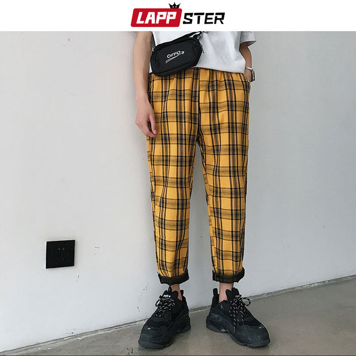 LAPPSTER Streetwear Yellow Plaid Pants Men Joggers 2020 Man Casual Straight Harem Pants Men Korean Hip Hop Track Pants Plus Size freeshipping - Etreasurs