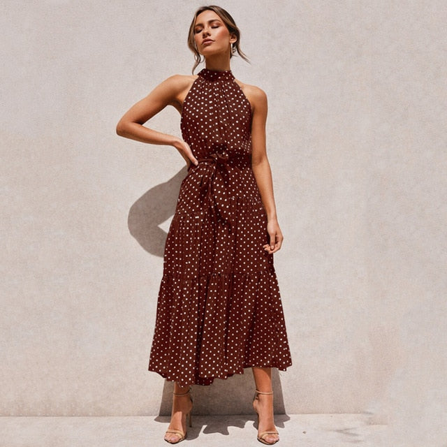 Summer Long Dress Polka Dot Casual Dresses Black Sexy Halter Strapless New 2020 Yellow Sundress Vacation Clothes For Women freeshipping - Etreasurs