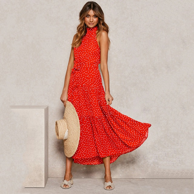 Summer Long Dress Polka Dot Casual Dresses Black Sexy Halter Strapless New 2020 Yellow Sundress Vacation Clothes For Women freeshipping - Etreasurs