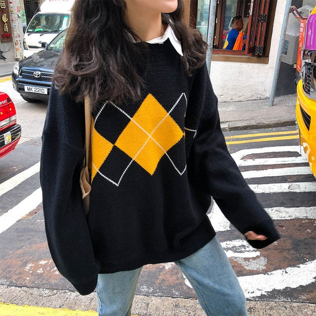 Korean College Style Autumn Winter Geometric Pattern Argyle Pullovers Loose Oversized O-Neck Knitted Sweaters Woman Jumper Mujer freeshipping - Etreasurs