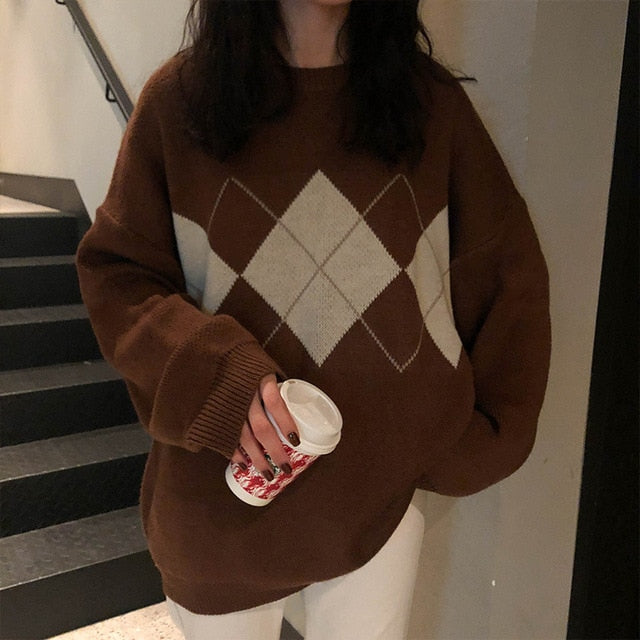 Korean College Style Autumn Winter Geometric Pattern Argyle Pullovers Loose Oversized O-Neck Knitted Sweaters Woman Jumper Mujer freeshipping - Etreasurs