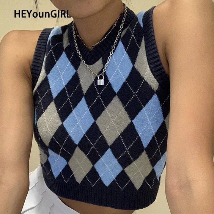 HEYounGIRL V Neck Vintage Argyle Sweater Vest Women Y2K Black Sleeveless Plaid Knitted Crop Sweaters Casual Autumn Preppy Style freeshipping - Etreasurs