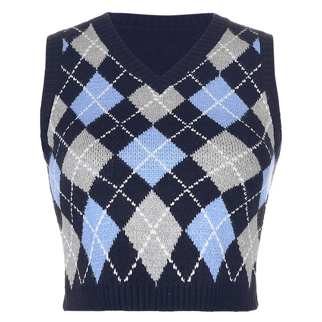 HEYounGIRL V Neck Vintage Argyle Sweater Vest Women Y2K Black Sleeveless Plaid Knitted Crop Sweaters Casual Autumn Preppy Style freeshipping - Etreasurs