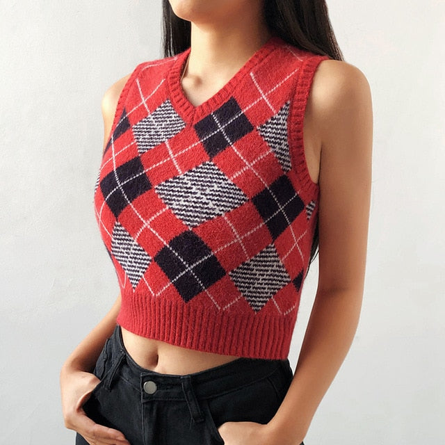 HEYounGIRL V Neck Vintage Argyle Sweater Vest Women Y2K Black Sleeveless Plaid Knitted Crop Sweaters Casual Autumn Preppy Style freeshipping - Etreasurs