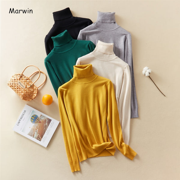 Marwin 2020 New-Coming Autumn Winter Solid Turn-Down Collar Pullovers Female Thick Turtleneck Knitted High Street  Women Sweater freeshipping - Etreasurs