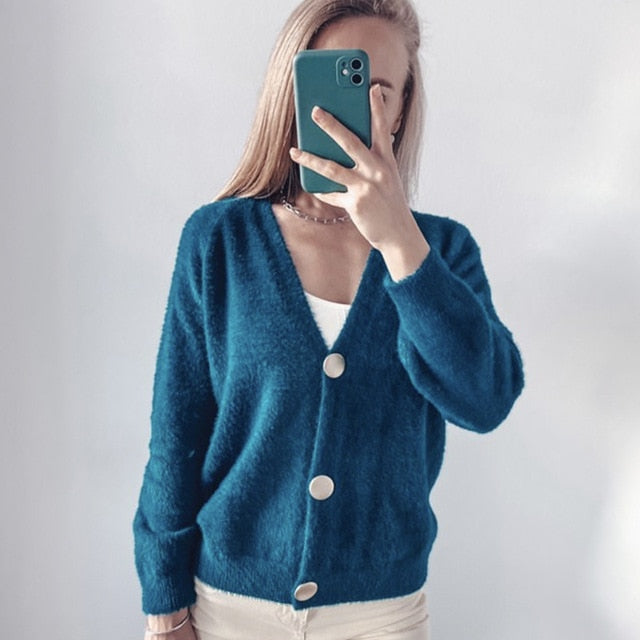 Hirsionsan Elegant Long Sleeve Mohair Sweater Women 2020 New Single-Breasted Female Short Cardigan Soft Flexible Knitted Outwear freeshipping - Etreasurs
