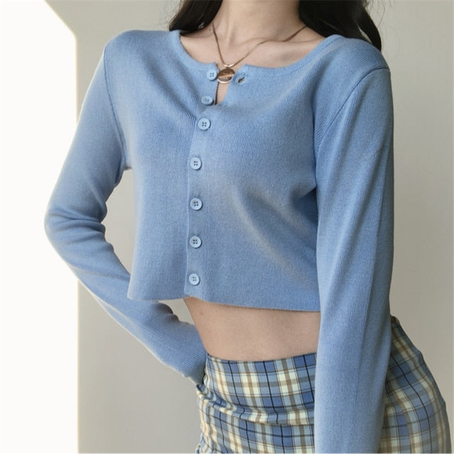 Korean Style O-neck Short Knitted Sweaters Women Thin Cardigan Fashion  Sleeve Sun Protection Crop Top Ropa Mujer freeshipping - Etreasurs
