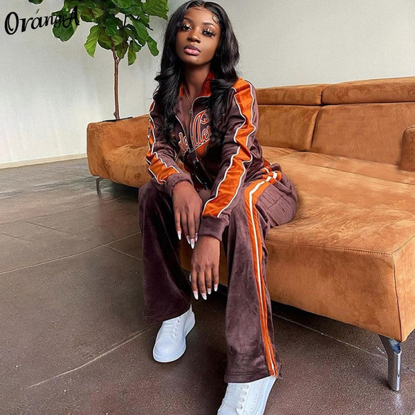 OrangeA Women Tracksuit Letter Print Velvet 2 Piece Outfit Sweatshirt+Straight Sweatpants Matching Set Fitness Sporty Streetwear freeshipping - Etreasurs