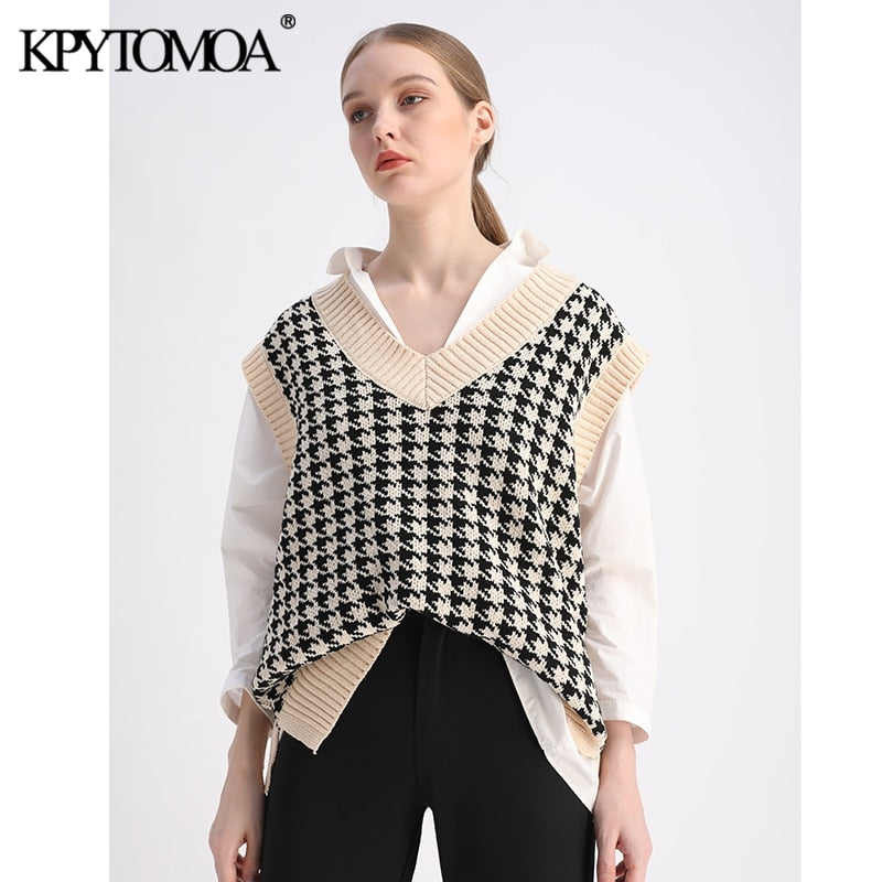 KPYTOMOA Women 2020 Fashion Oversized Houndstooth Knitted Vest Sweater Vintage Sleeveless Side Vents Female Waistcoat Chic Tops freeshipping - Etreasurs