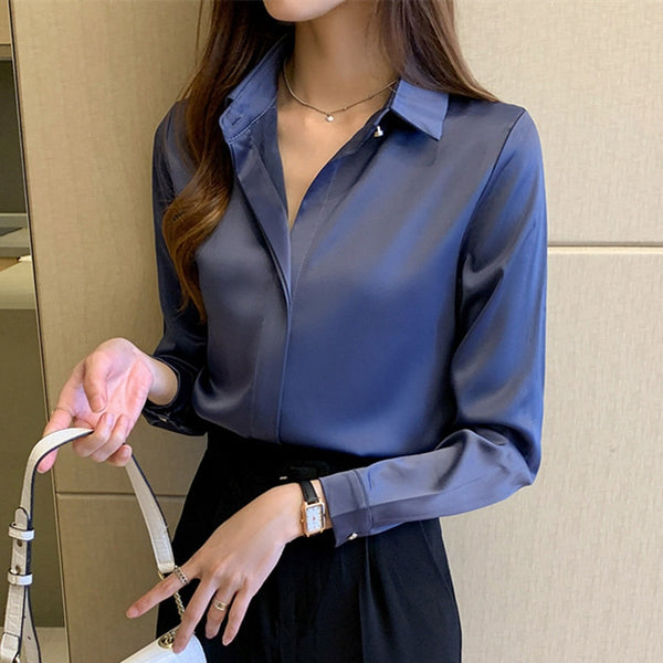 Silk Shirts Women White Shirt Women Long Sleeve Shirts Blouse Office Lady Satin Silk Blouse Tops Plus Size Woman Basic Shirt Top freeshipping - Etreasurs