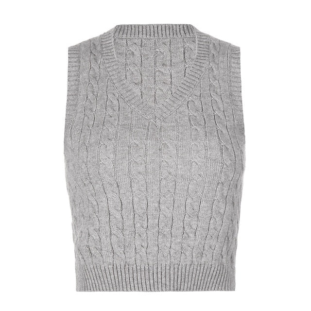 SUCHCUTE e girl Sweater Vest women jumper V Neck pullover Knitted Vests Women y2k Preppy Style Crop Top Autumn 2020 solid outfit freeshipping - Etreasurs