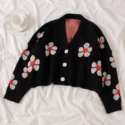 2020 Spring College Style Flower Print Knitted Doat Loose Retro V-neck Cute Light Green Sweater Cardigan Blouse Short Section freeshipping - Etreasurs