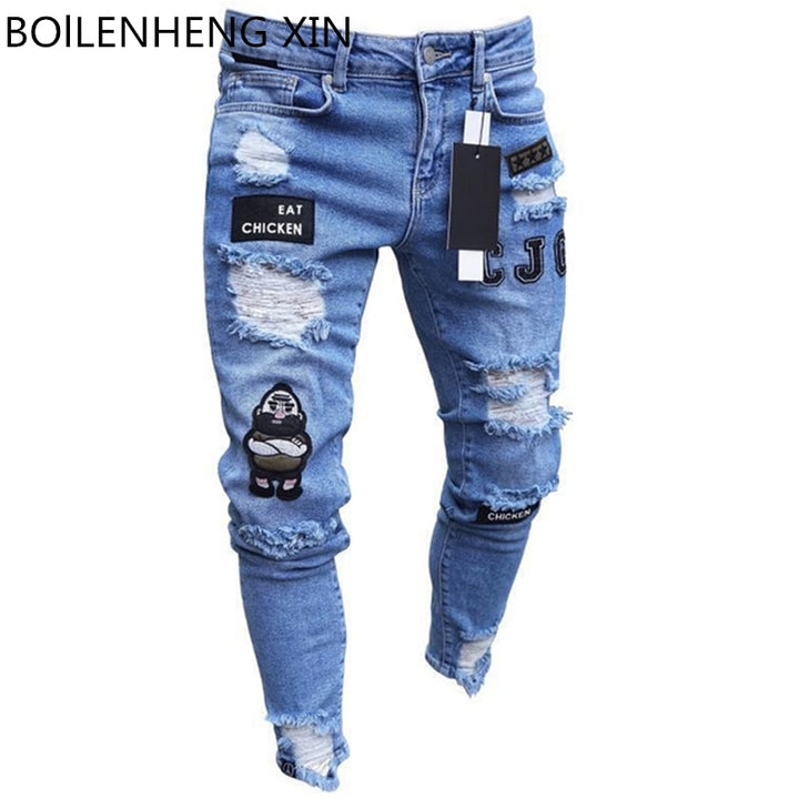 Men's Broken Hole Embroidered Pencil jeans Slim Men Trousers Casual Thin  Denim Pants Classic Cowboys Young Man Jogging Pants freeshipping - Etreasurs