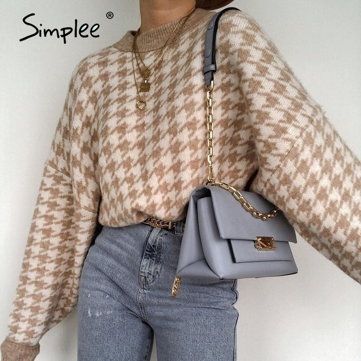 Simplee Women geometric khaki knitted sweater women casual Houndstooth lady pullover sweater female Autumn winter retro jumper freeshipping - Etreasurs