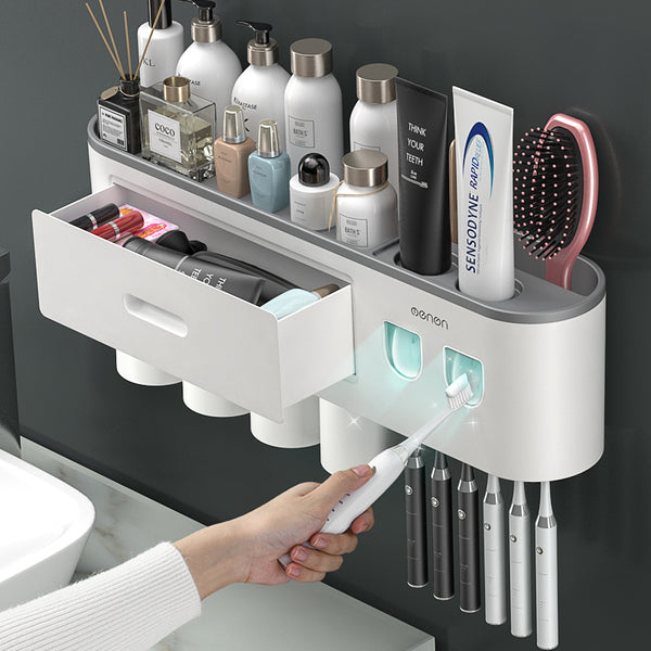 Magnetic Adsorption Inverted Toothbrush Holder Double Automatic Toothpaste Squeezer Dispenser Storage Rack Bathroom Accessories freeshipping - Etreasurs