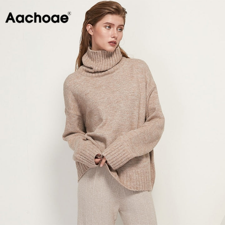 Aachoae Autumn Winter Women Knitted Turtleneck Cashmere Sweater 2020 Casual Basic Pullover Jumper Batwing Long Sleeve Loose Tops freeshipping - Etreasurs