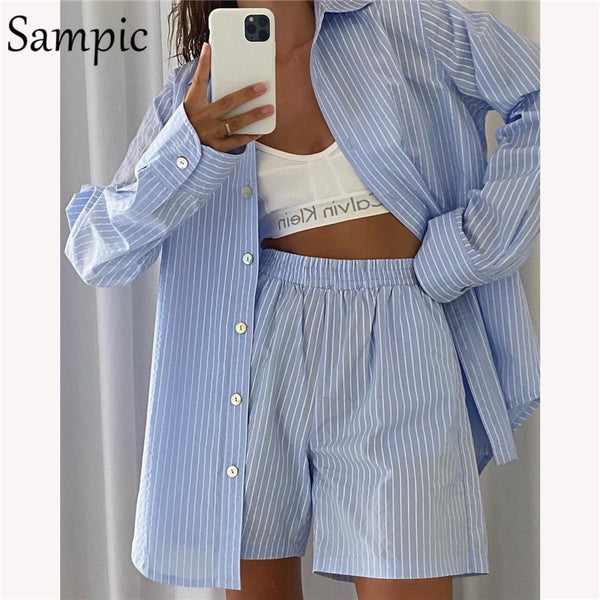 Sampic Loung Wear Tracksuit Women Shorts Set Stripe Long Sleeve Shirt Tops And Loose High Waisted Mini Shorts Two Piece Set 2021 freeshipping - Etreasurs