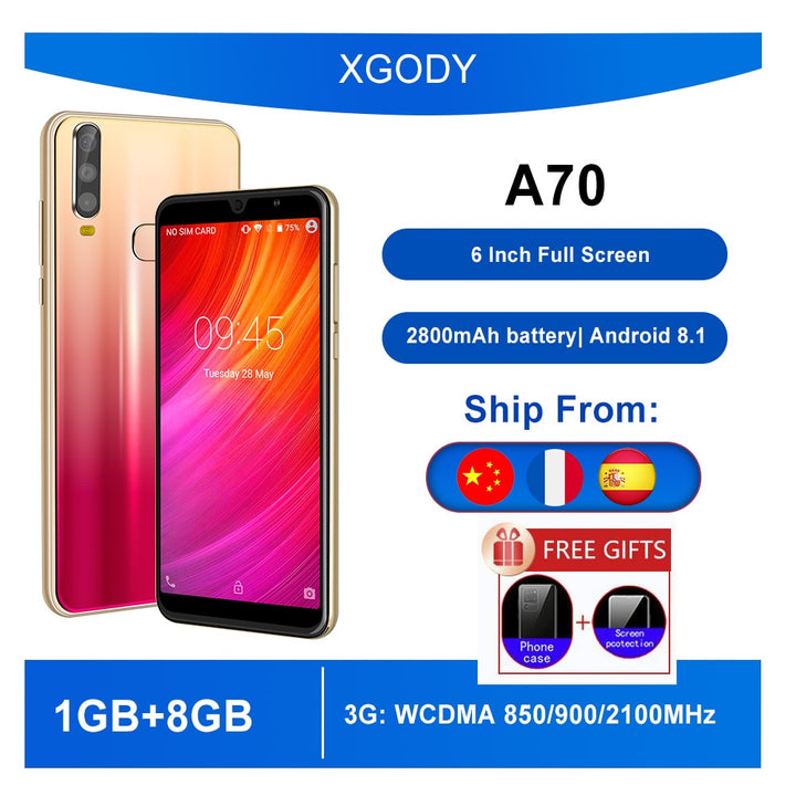 XGODY A70 telephone 3G Smartphone Android 8.1 6"cell phones Full Screen 1GB 8GB Quad Core Dual 5MP Camera 2800mAh Mobile Phones freeshipping - Etreasurs
