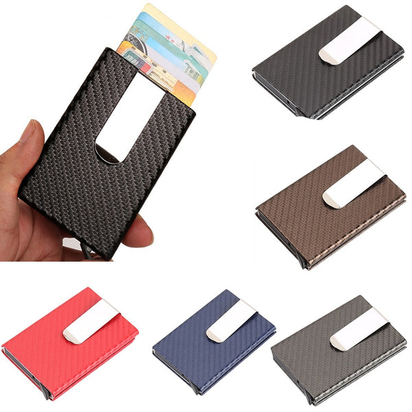 Business Aluminum Wallet Automatic Slide Card Case Carbon Fiber PU Leather Metal ID Credit Card Holder Clip freeshipping - Etreasurs