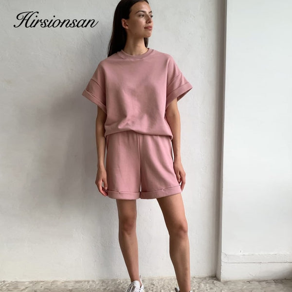 Hirsionsan Summer Cotton Sets Women Casual Two Pieces Short Sleeve T Shirts and High Waist Short Pants Solid Outfits Tracksuit freeshipping - Etreasurs