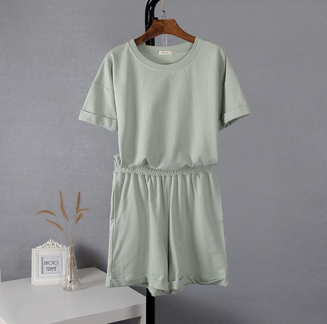 Hirsionsan Summer Cotton Sets Women Casual Two Pieces Short Sleeve T Shirts and High Waist Short Pants Solid Outfits Tracksuit freeshipping - Etreasurs