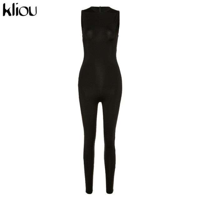 Kliou new jumpsuit women elastic hight casual fitness sporty rompers sleeveless zipper activewear skinny summer outfit freeshipping - Etreasurs