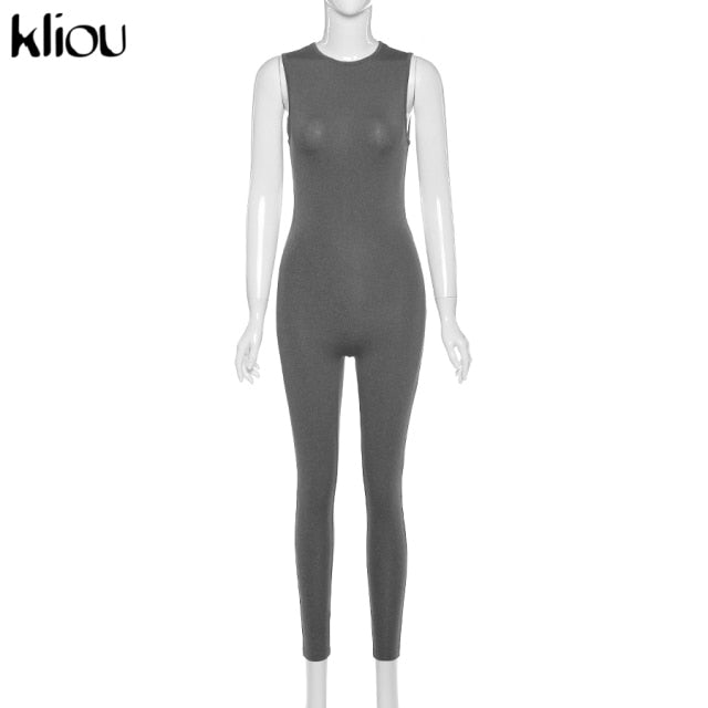 Kliou new jumpsuit women elastic hight casual fitness sporty rompers sleeveless zipper activewear skinny summer outfit freeshipping - Etreasurs