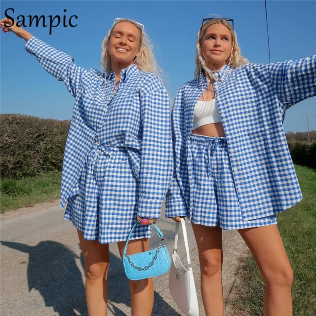 Sampic Loung Wear Tracksuit Women Shorts Set Stripe Long Sleeve Shirt Tops And Loose High Waisted Mini Shorts Two Piece Set 2021 freeshipping - Etreasurs