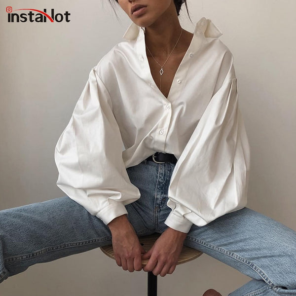 InstaHot Lantern Sleeve Elegant Shirt Blouse White Black Sexy Button Vintage Turn Down Collar Office Ladies Shirt Female Casual freeshipping - Etreasurs