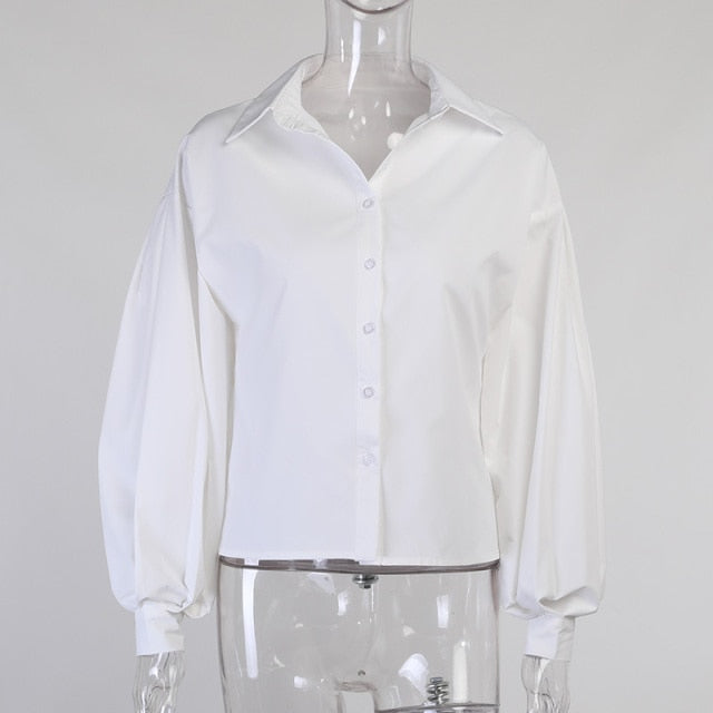 InstaHot Lantern Sleeve Elegant Shirt Blouse White Black Sexy Button Vintage Turn Down Collar Office Ladies Shirt Female Casual freeshipping - Etreasurs