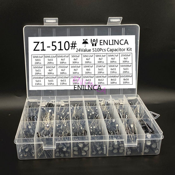 510Pcs/lot 0.1UF-1000UF 24Values Aluminum Electrolytic Capacitors 16-50V mix Electrolytic capacitor Assorted kit and storage box freeshipping - Etreasurs