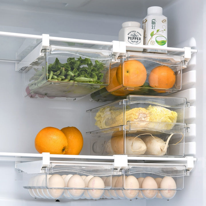 Plastic Clear Fridge Organizer Slide Under Shelf Drawer Box Rack Holder Refrigerator Drawer Kitchen Fruit Food Storage Box freeshipping - Etreasurs