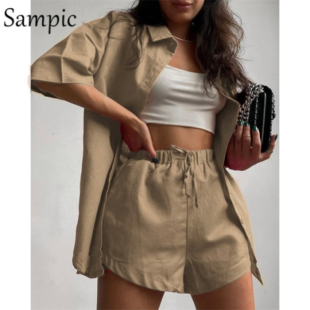Sampic Loung Wear Tracksuit Women Shorts Set Stripe Long Sleeve Shirt Tops And Loose High Waisted Mini Shorts Two Piece Set 2021 freeshipping - Etreasurs