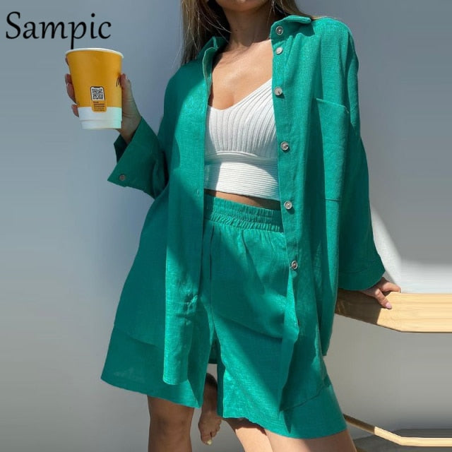 Sampic Loung Wear Tracksuit Women Shorts Set Stripe Long Sleeve Shirt Tops And Loose High Waisted Mini Shorts Two Piece Set 2021 freeshipping - Etreasurs