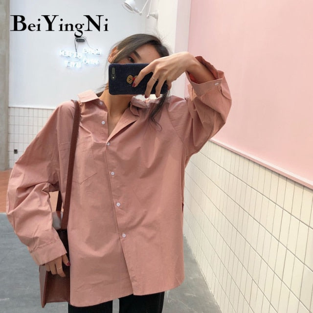 Beiyingni 2021 Spring Autumn Women Shirts White Plain Loose Oversized Blouses Female Tops Loose BF Korean Style Blusas Pockets freeshipping - Etreasurs