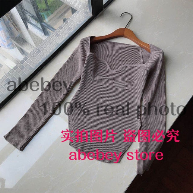 2021 new spring and summer fashion women clothes sqaure collar full sleeves elastic high waist sexy pullover WK080 freeshipping - Etreasurs