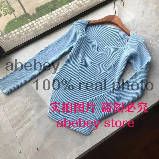 2021 new spring and summer fashion women clothes sqaure collar full sleeves elastic high waist sexy pullover WK080 freeshipping - Etreasurs
