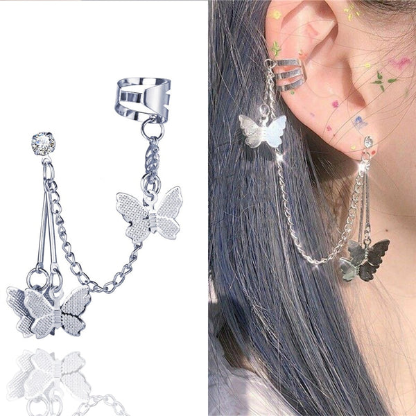 2020 Fashion Geometric Butterfly Clip Earring For Teens Women Ear Cuffs Cool Jewelry Retro Chain Long Hanging Earings Metal Gift freeshipping - Etreasurs