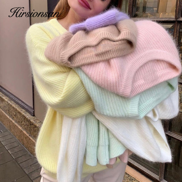 Hirsionsan Soft Loose Knitted Cashmere Sweaters Women 2021 New Winter Loose Solid Female Pullovers Warm Basic Knitwear Jumper freeshipping - Etreasurs