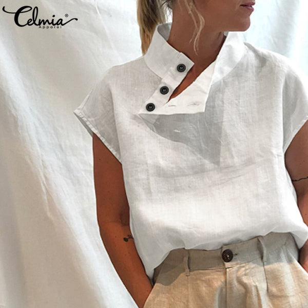 Celmia Stylish Women Shirts 2021 Summer Cotton Linen Oversized Blouses Short Sleeve Blusas Casual Loose Camisas Solid Tunic Top freeshipping - Etreasurs