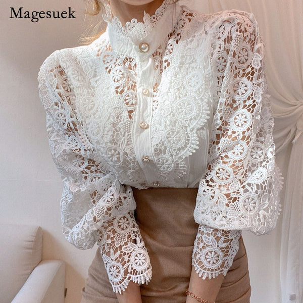 Petal Sleeve Stand Collar Hollow Out Flower Lace Patchwork Shirt Femme Blusas All-match Women Lace Blouse Button White Top 12419 freeshipping - Etreasurs