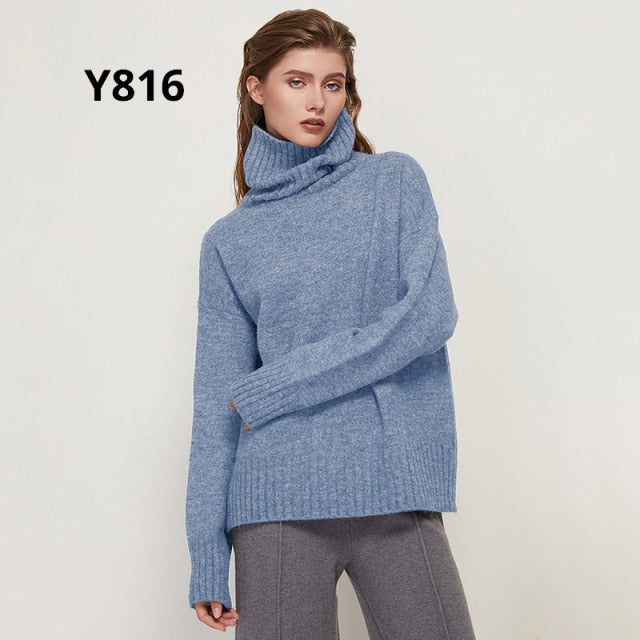 Aachoae Autumn Winter Women Knitted Turtleneck Wool Sweaters 2021 Casual Basic Pullover Jumper Batwing Long Sleeve Loose Tops freeshipping - Etreasurs