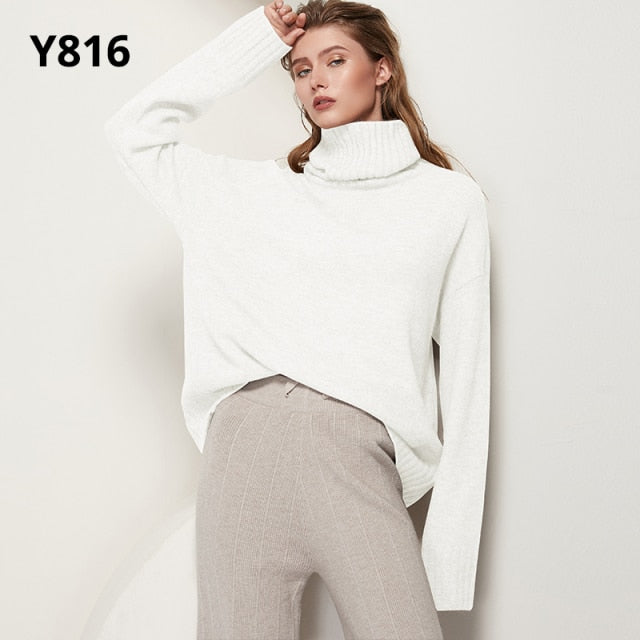 Aachoae Autumn Winter Women Knitted Turtleneck Wool Sweaters 2021 Casual Basic Pullover Jumper Batwing Long Sleeve Loose Tops freeshipping - Etreasurs