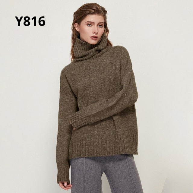 Aachoae Autumn Winter Women Knitted Turtleneck Wool Sweaters 2021 Casual Basic Pullover Jumper Batwing Long Sleeve Loose Tops freeshipping - Etreasurs