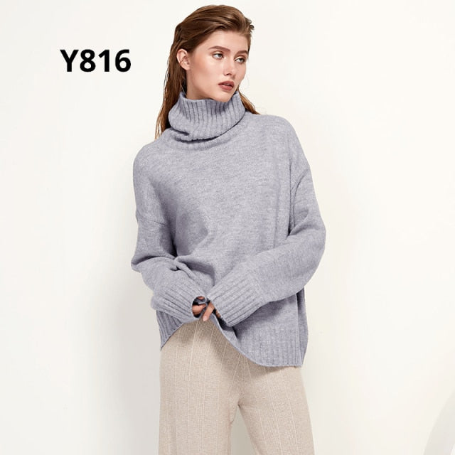 Aachoae Autumn Winter Women Knitted Turtleneck Wool Sweaters 2021 Casual Basic Pullover Jumper Batwing Long Sleeve Loose Tops freeshipping - Etreasurs