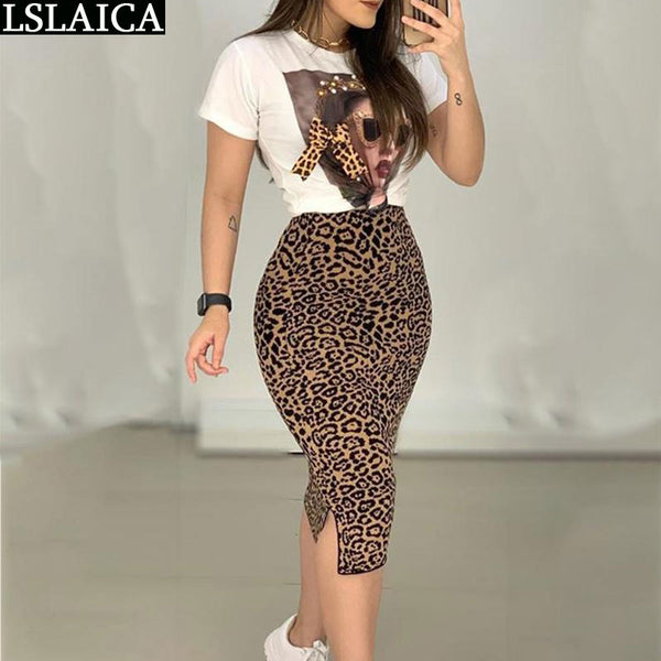 Two Peice Set For Women Casual O-Neck T Shirt& Skirt Set Fashion Leopard Print Office Women Set Elegance Skinny Ropa Femenina freeshipping - Etreasurs