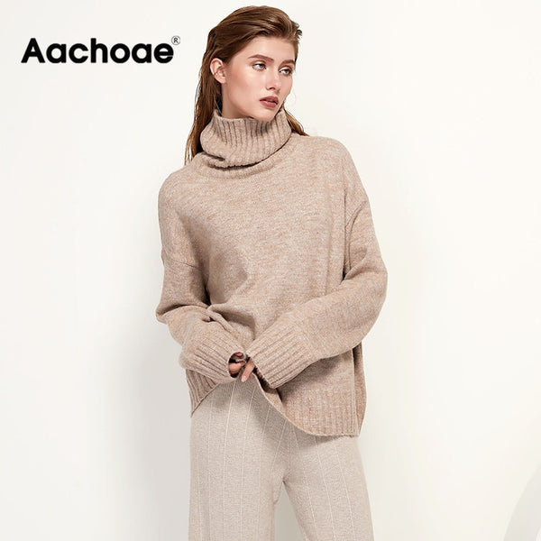 Aachoae Autumn Winter Women Knitted Turtleneck Wool Sweaters 2021 Casual Basic Pullover Jumper Batwing Long Sleeve Loose Tops freeshipping - Etreasurs