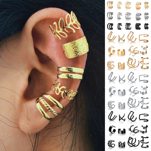 17KM Gold Leaves Ear Cuff Black Non-Piercing Ear Clips Fake Cartilage Earrings Clip Earrings For Women Men Wholesale Jewelry freeshipping - Etreasurs